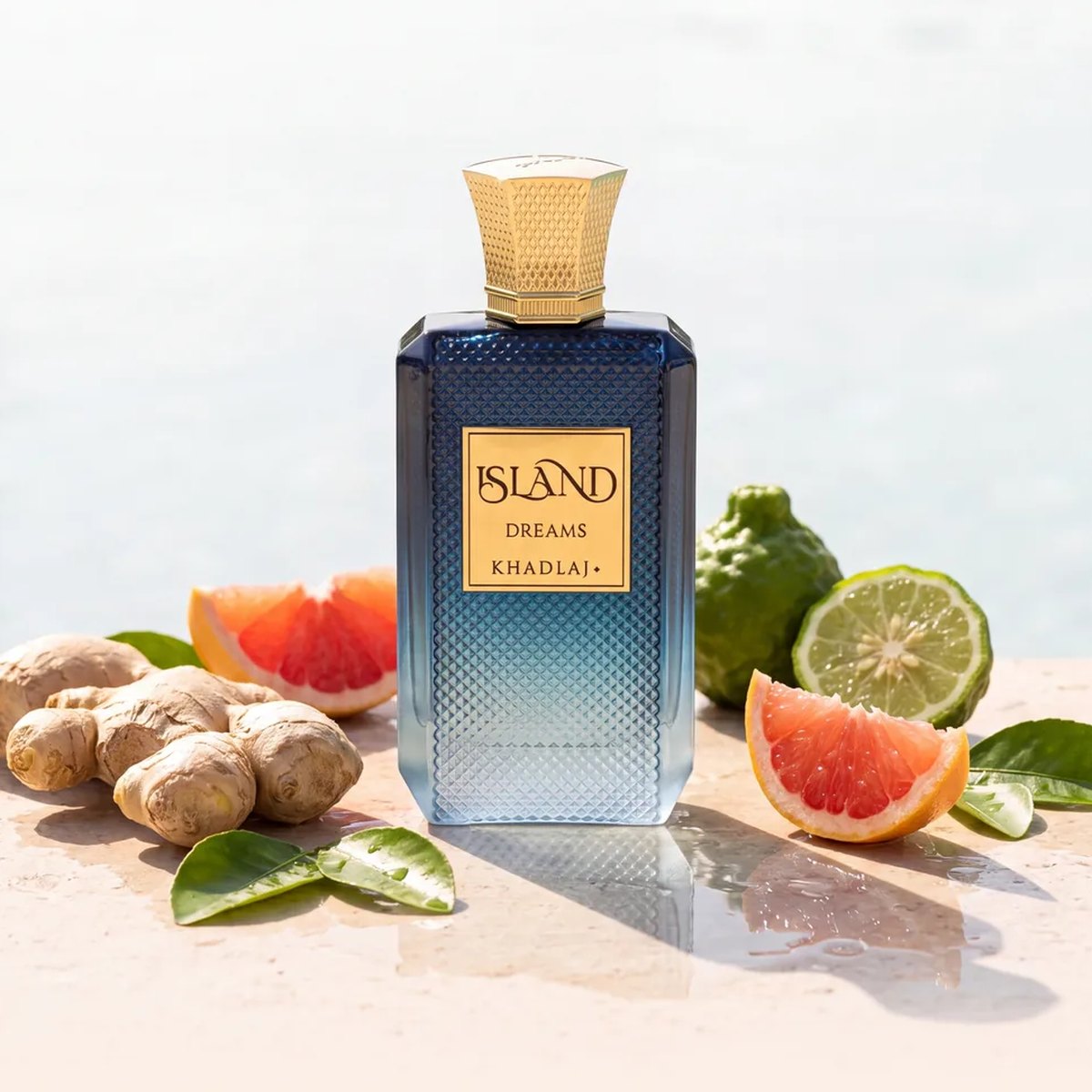 Khadlaj Island Dreams eau de parfum bottle with grapefruit, lime and ginger