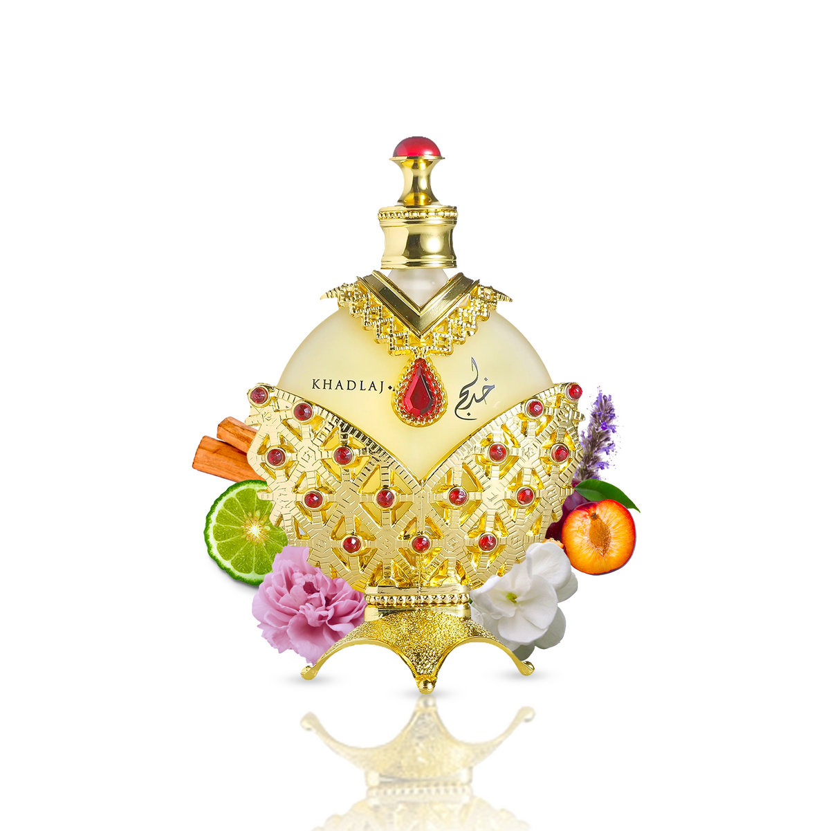 An ornate gold-toned perfume bottle with a cream-colored center section, decorated with red jewel-like accents and surrounded by illustrated flowers and citrus slices on a white background.