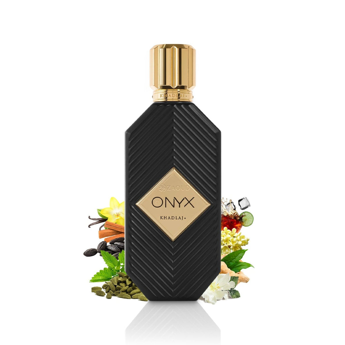 Black and gold perfume bottle labeled 'ONYX' with decorative elements on a white background