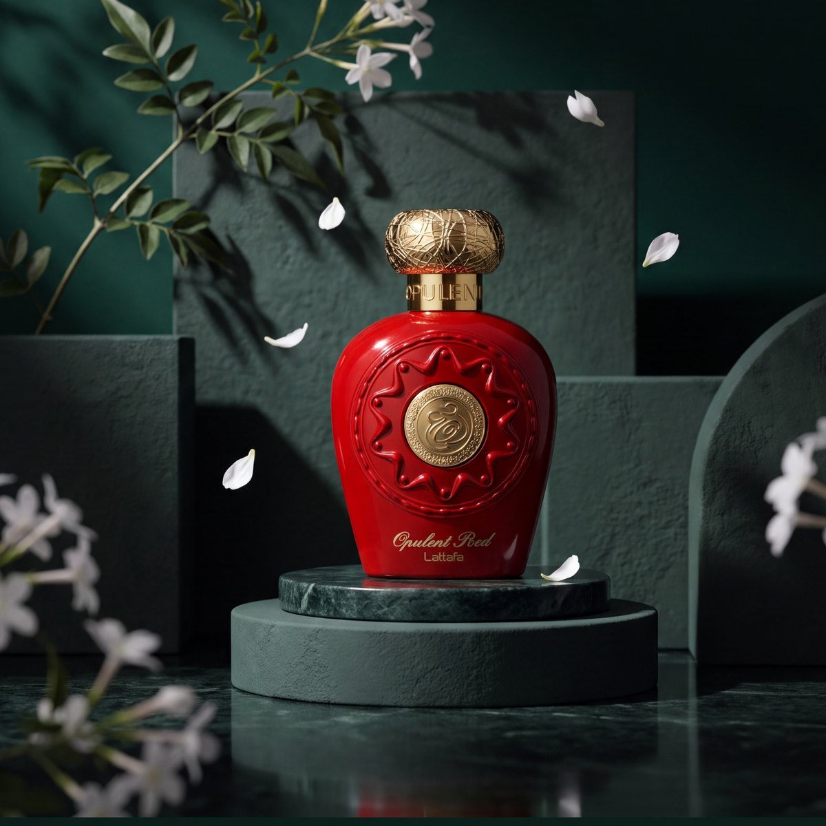 Lattafa Opulent Red eau de parfum bottle on a dark green plinth with white petals