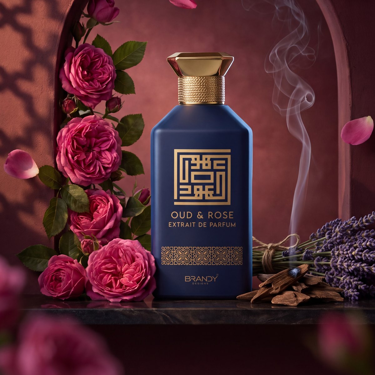 Brandy Designs Oud & Rose extrait de parfum bottle with roses, lavender and oud chips