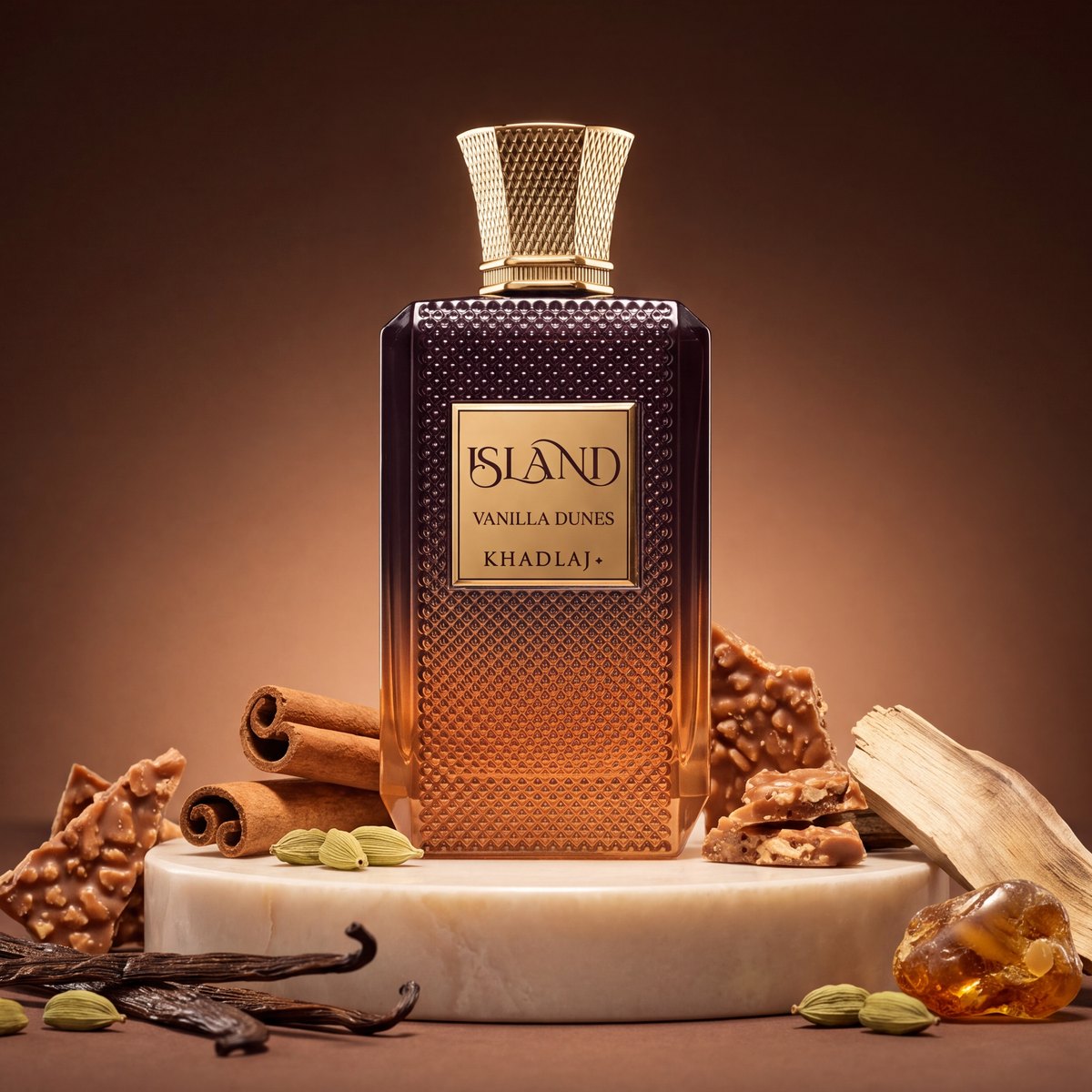 Khadlaj Island Vanilla Dunes eau de parfum bottle with vanilla pods and cinnamon
