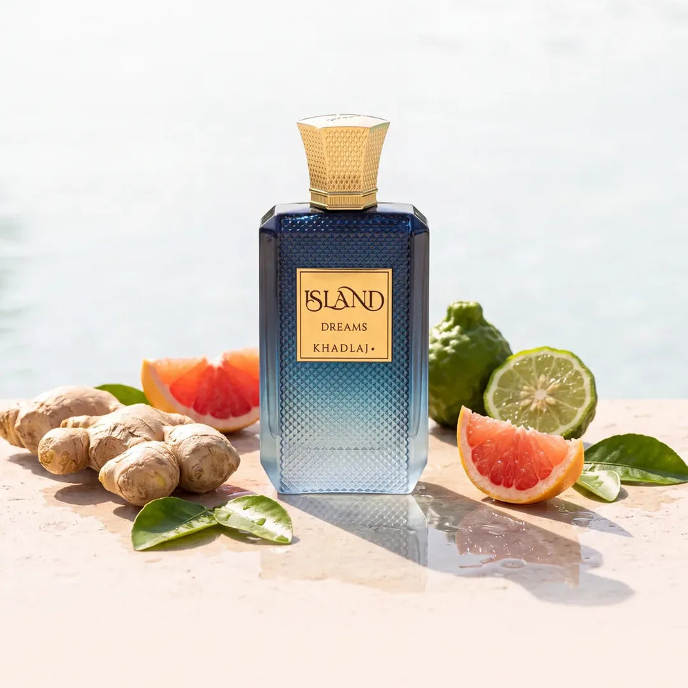 Khadlaj Island Dreams perfume bottle with bergamot, grapefruit and ginger by the water