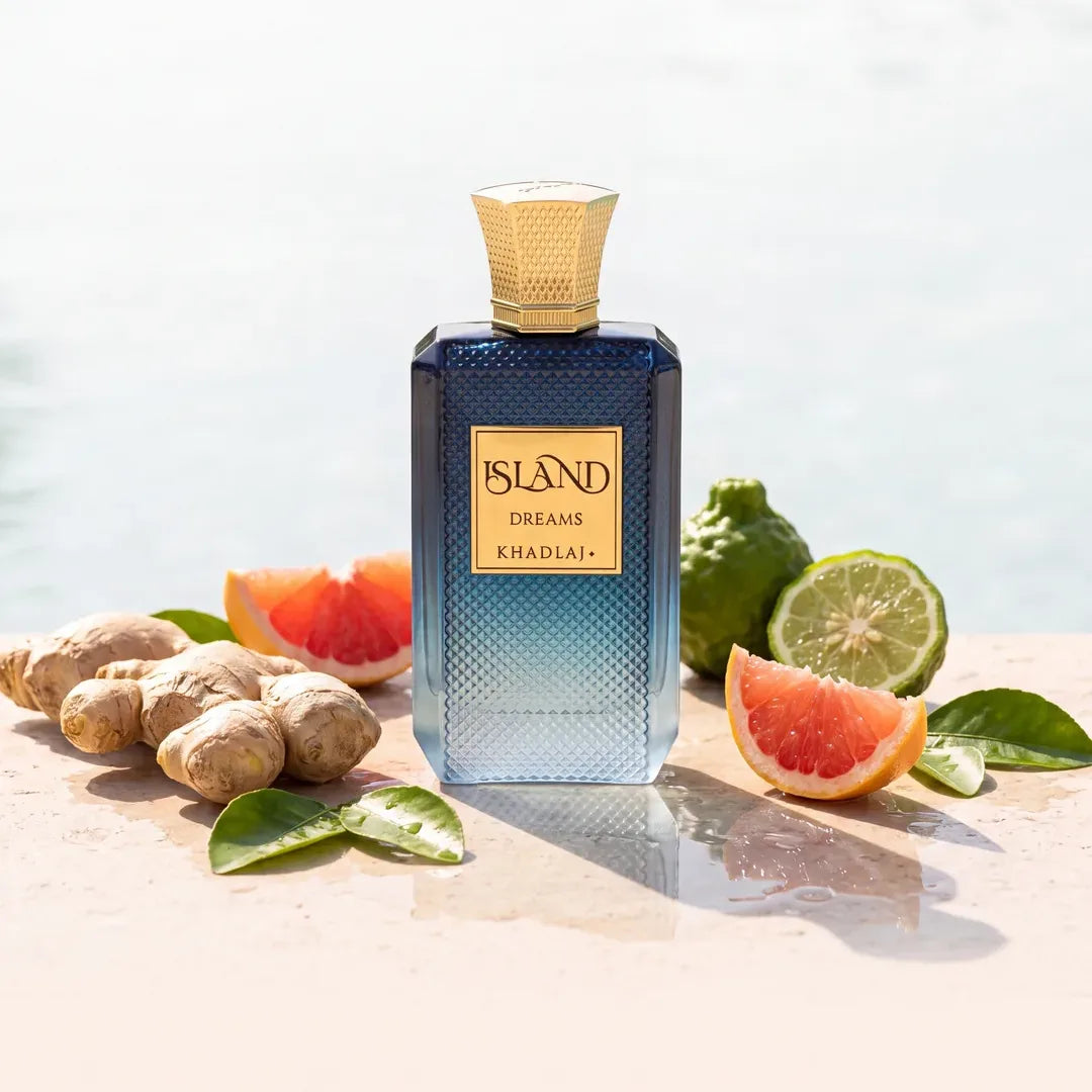 Khadlaj Island Dreams perfume bottle with bergamot, grapefruit and ginger by the water