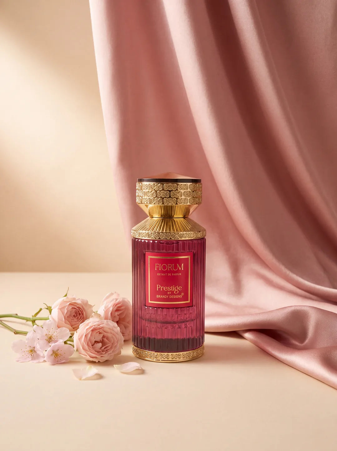 Fiorum Prestige perfume by Brandy Designs with pink roses and silk