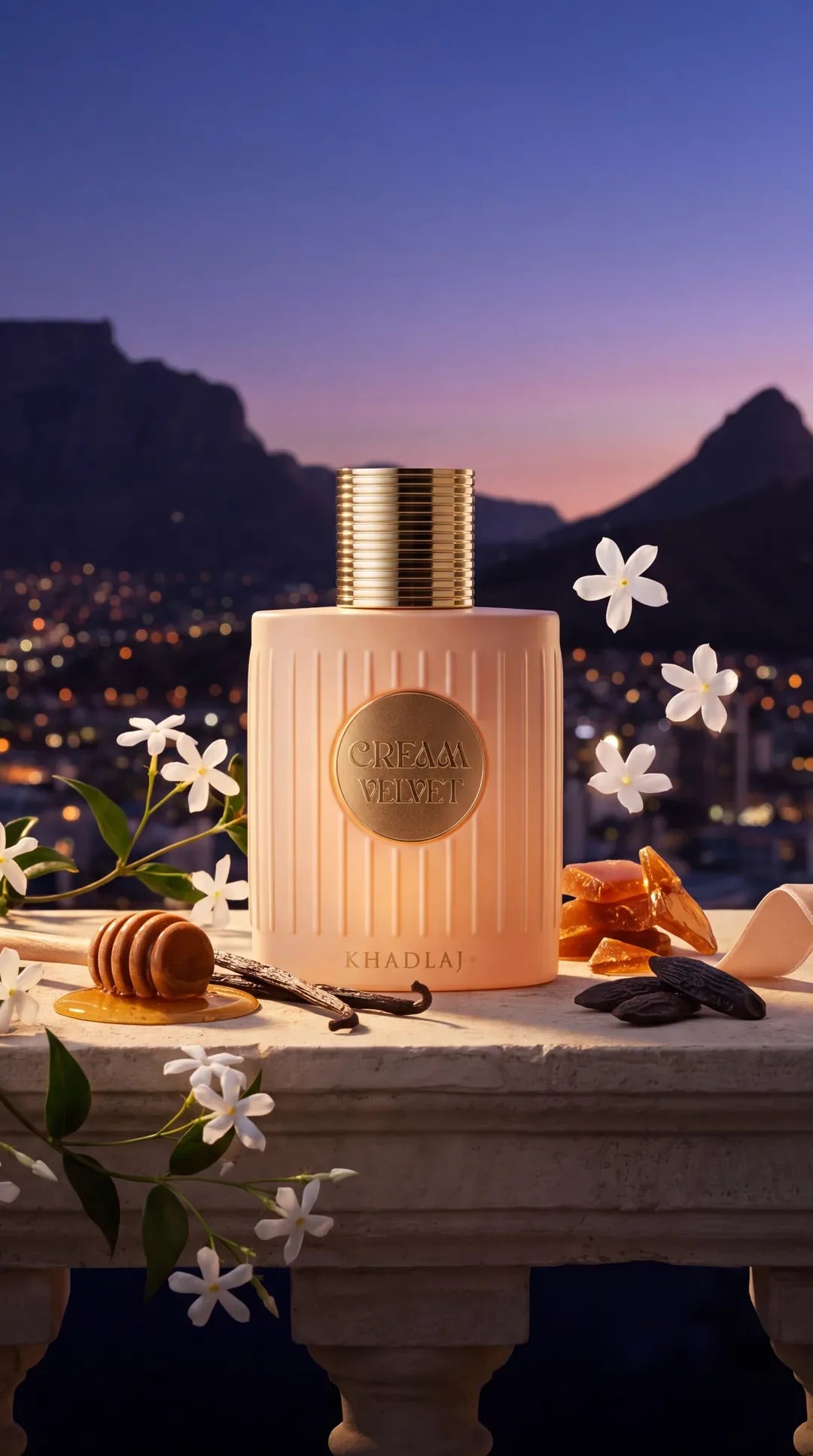Khadlaj Cream Velvet perfume bottle on a stone ledge at dusk
