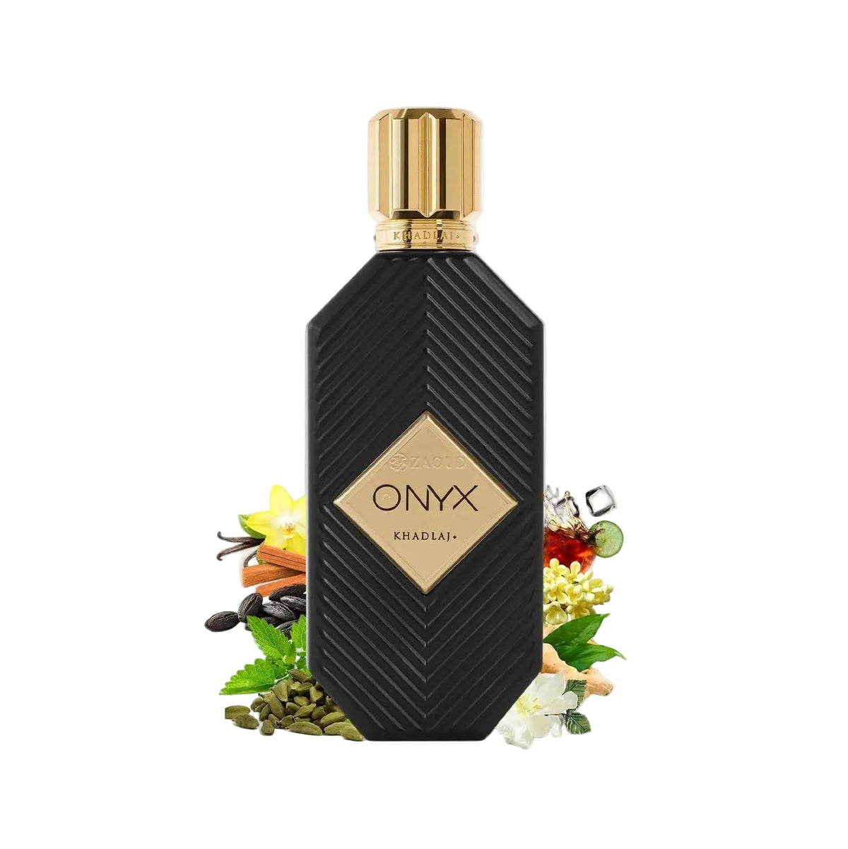 Black and gold perfume bottle labeled 'ONYX' with decorative elements on a white background